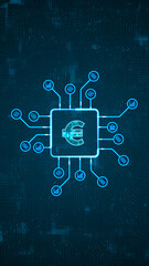 Blue digital money logo and HUD technology circuit board with money icons and data transfer on abstract background crypto currency finance and digital money
