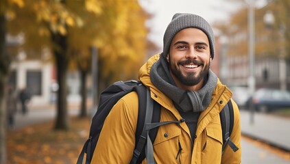 Handsome young man with backpack on city street, closeup