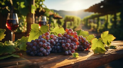 Vintage vineyard wine barrel industry with wine grape. Generative AI.