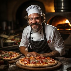 Professional chef in a pizzeria, pizzaiolo. Fatty food and fast food. concept: cooking profession, cooking and food preparation courses