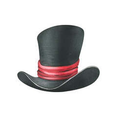 Black top hat with red satin ribbon. Watercolor illustration, hand drawn. Isolated element on a white background.