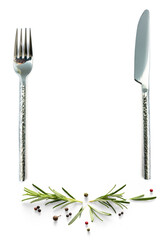 Food poster with cutlery and fresh mediterranean herb and spices with real transparent shadow...