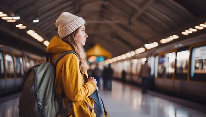 young woman in yellow jacket and hat standing with backpack at train station