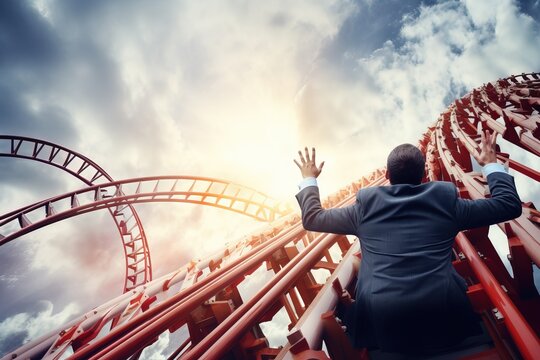 Businessman having fun on roller coaster in amusement park.