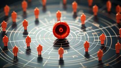 Cyber security concept with red silhouettes of people standing around the target
