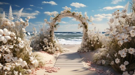 Wedding gate on the beach festive summer background. Generative AI.