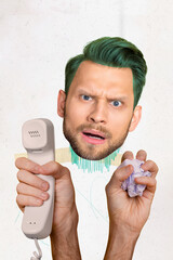 Vertical collage absurd huge face guy green hair workaholic tired hold retro handset paper crumpled...