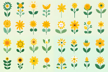 different set of flower designs with  petals and green leaves ai generative