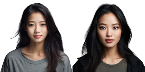 Confident Asian woman in casual attire posing on transparent background eyeing the camera