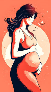 Pregnant woman in a dress on a red background, generative AI.