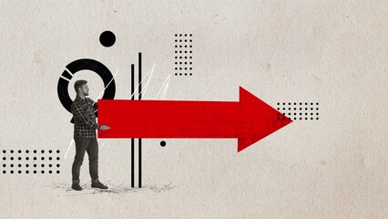 Stop motion, animation. Business man, office worker holding straight arrow symbolizing stability over light background. Concept of good strategy