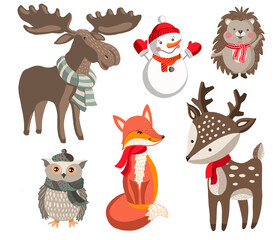 set of christmas animals, flat illustration 