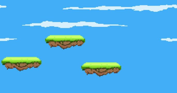 Animation of old style pixel game. Pixel art game background. Ground, grass, sky, tree, clouds and stars. Pixel art Game Design 8 bit video vector. Old school background for game. 