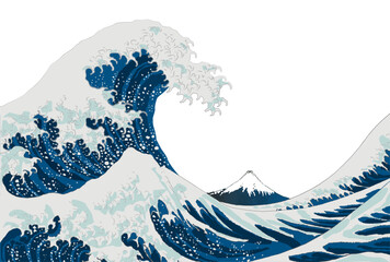 葛飾北斎の浮世絵風の大波と富士山の背景なしベクターイラストテンプレート