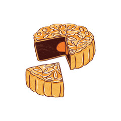 Sliced golden moon cake with yolk and red bean