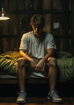 Dwindling Enthusiasm concept. A man sits at the edge of a bed, dressed in sports attire, but his shoes remain untied, symbolizing a loss of interest.
