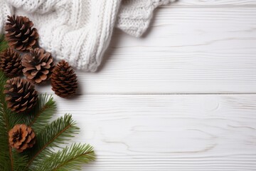 Obraz na płótnie Canvas winter or Christmas themed banner background, frosted greenery and eucalyptus leaves on a white wooden board, copyspace for your text. Generative AI