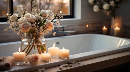 White sink in a bathroom with candles and flowers. Generative AI.