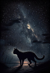 The silhouette of a black cat in the starry night sky. AI Generated