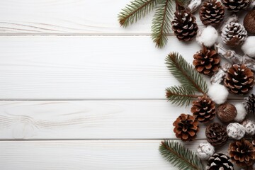 Obraz na płótnie Canvas winter or Christmas themed banner background, frosted greenery and eucalyptus leaves on a white wooden board, copyspace for your text. Generative AI
