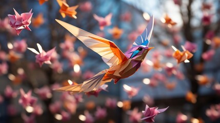 Window display of origami birds flying freely in the bree. Generative AI. - obrazy, fototapety, plakaty