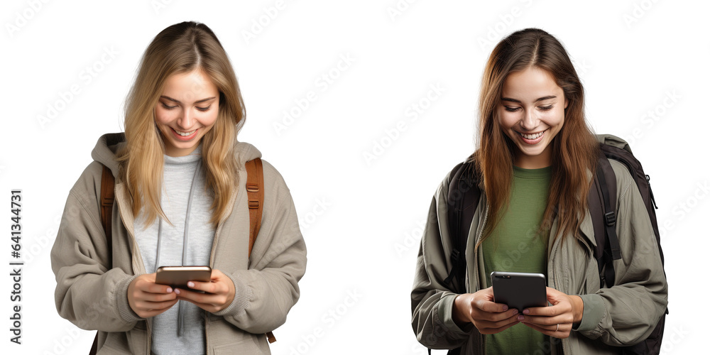 Wall mural Happy white girl on transparent background using her phone prepared for a trip