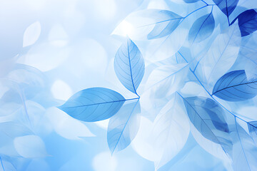 Blue background image, abstract, bright, shiny, beautiful, with faint shadows of glowing white leaves. It is a graphic illustration.