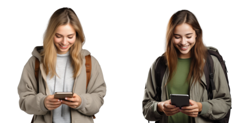 Happy white girl on transparent background using her phone prepared for a trip