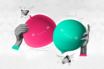 Collage portrait of two black white effect arms hold big dialogue quotation bubble talking mouth...