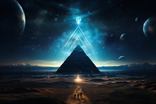 Pyramid surrounded by planets in the night. Esoteric, ancient wisdom and astrology concept.