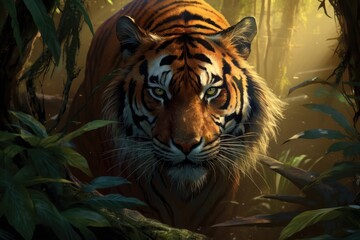 Portrait of Sumatran tiger in a jungle (Panthera tigris sumatrae) - obrazy, fototapety, plakaty