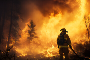 A firefighter in the woods, fighting fire
