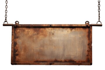 Old rusty tin sign hanging on a chain