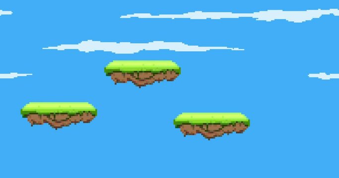 Animation of old style pixel game. Pixel art game background. Ground, grass, sky, tree, clouds and stars. Pixel art Game Design 8 bit video vector. Old school background for game. 