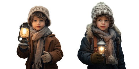In winter a boy stands on a snowy bridge holding a lantern wearing a warm sheepskin coat hat and scarf