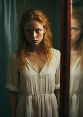 Disappearing Identity concept: A woman stands before a mirror, staring at her reflection but struggling to recognize herself.