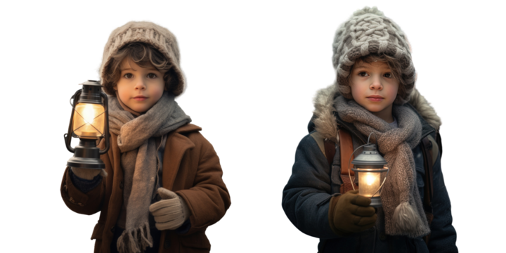 In winter a boy stands on a snowy bridge holding a lantern wearing a warm sheepskin coat hat and scarf
