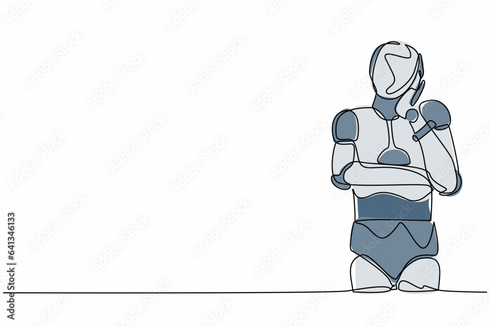Poster single one line drawing robot standing with keeping hand on cheek. robot suffering from toothache. f