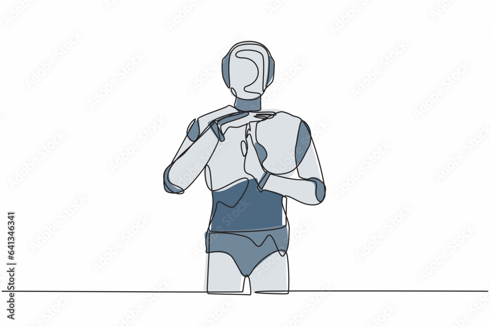 Poster continuous one line drawing robot standing with time break gesture, timeout signal. pause. stop work