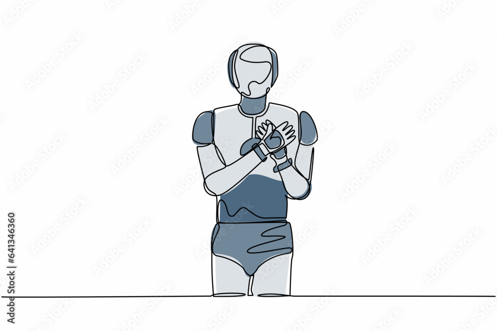 Poster single continuous line drawing robot standing with keeping hands on chest. robot suffering from ches