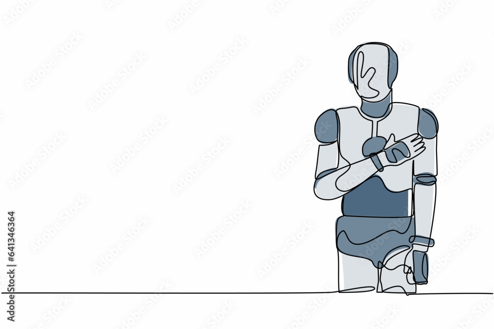 Poster single continuous line drawing robot standing with keeping hands on chest. robot suffering from ches