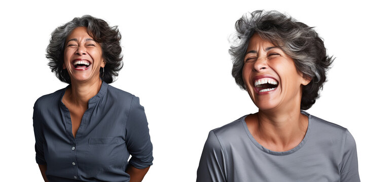 Latin American mature woman laughing isolated on transparent background for cutout
