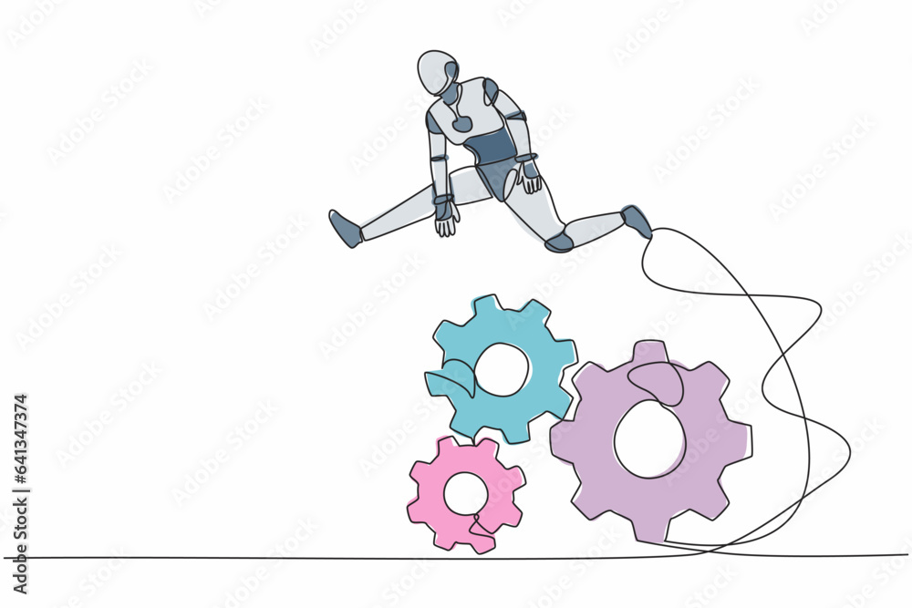 Poster single continuous line drawing robot jumping over big gears. developing business innovation. operati