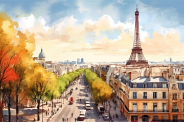 Fototapeta na wymiar Capturing the essence of Paris in exquisite watercolors: A city of architectural wonders, from the iconic Eiffel Tower to charming streets and panoramic cityscapes.