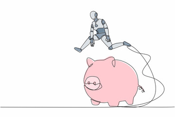 Continuous one line drawing robot jumping over piggy bank. Security of money storage, saving for investment. Humanoid robotic cybernetic organism. Single line draw design vector graphic illustration