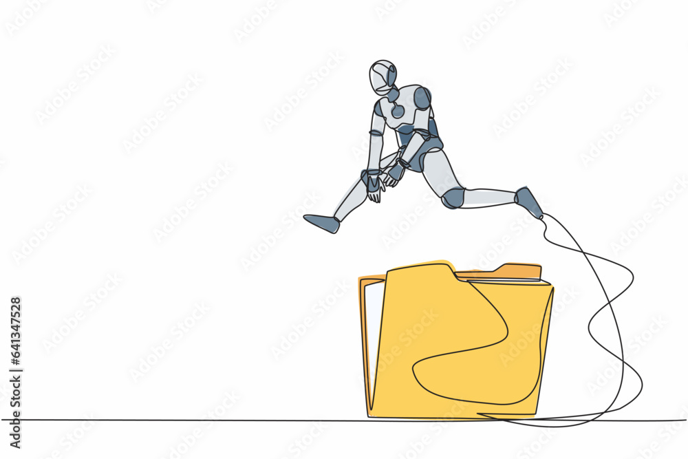 Poster single one line drawing robot jumping over big folder icon. user data archive. office paper document