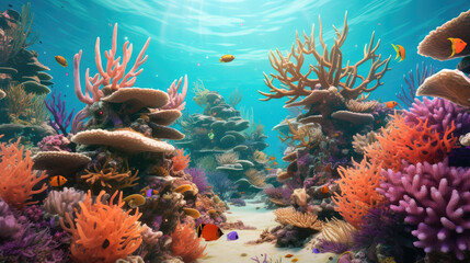 Obraz premium Ocean Reef, Multicolored Coral and Fishes, , Coral Fish Drawing Imitation, Abstract Generative AI Illustration
