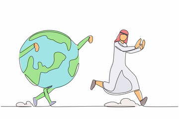 Single continuous line drawing unhappy Arab businessman being chased by globe. International company worker having trouble traveling because of the pandemic. One line draw design vector illustration