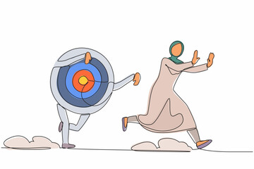 Single continuous line drawing fright Arabian businesswoman being chased by archery bullseye target. Female manager losing idea in business goals or target. One line graphic design vector illustration