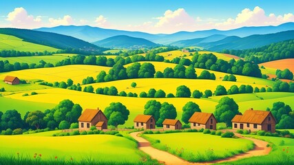 Fototapeta na wymiar The countryside looks beautiful with an old fashioned farm and hills that smoothly go down. Illustration, AI Generated
